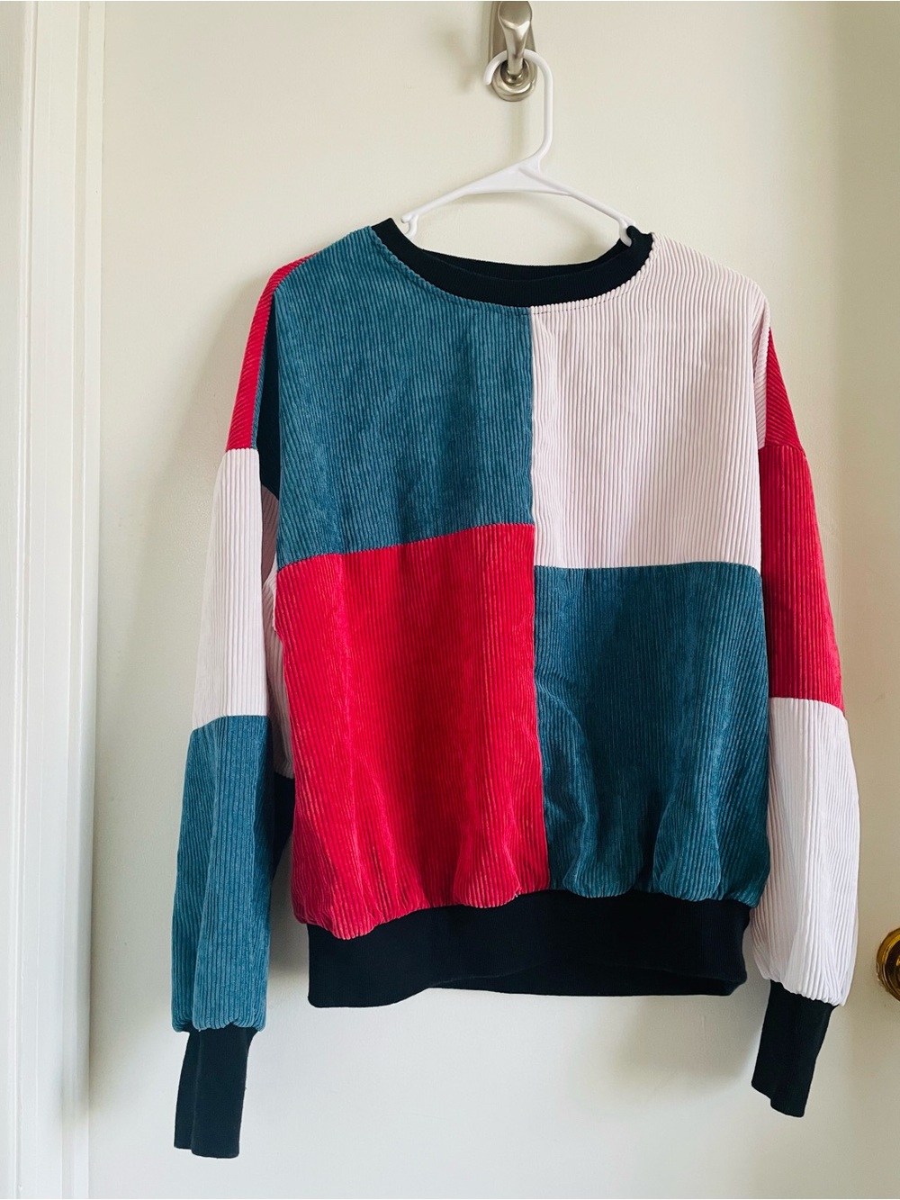 SHEIN Colorblock Corduroy Crewneck Sweater in Teal, Red, White